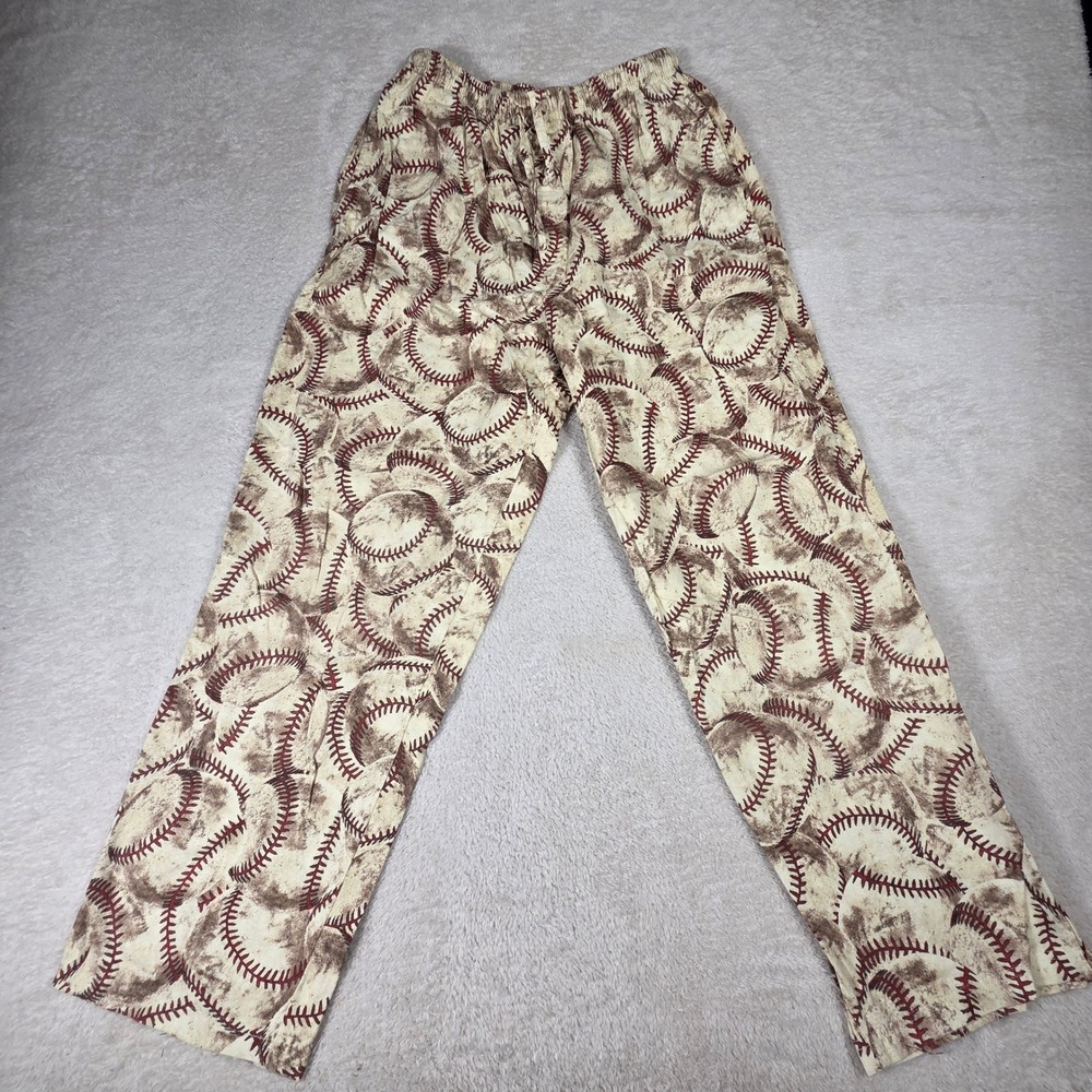 Austin Baseball Pajama Pants Mens Large Cream Red Print Lounge Sleepwear Pockets